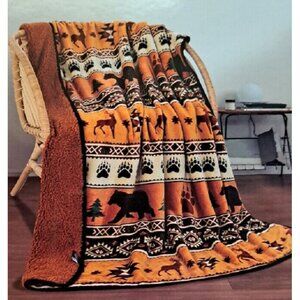 New Rust Orange Lodge Plush Fleece Throw Gift Blanket Sherpa Bear Paw Deer Cabin